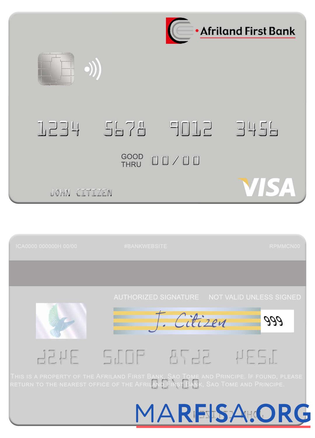 Printable Sao Tome and Principe Afriland First Bank visa debit card real example
